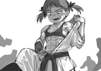  1girl abs apyoapyo dougi flat_chest karate_gi loli monochrome muscular original smug sports_bra tongue twintails undressing  rating:Sensitive score:5 user:animeboy12