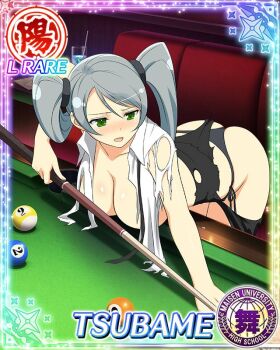  1girl ass ball bent_over billiards black_panties black_pants blush border breasts card_(medium) character_name cleavage cue_stick facing_to_the_side game_cg green_eyes grey_hair hanging_breasts holding holding_cue_stick large_breasts leaning_on_table long_hair official_art open_mouth panties pants playing_sports pool_table senran_kagura senran_kagura_new_wave shirt side-tie_panties solo swept_bangs table third-party_source torn_clothes torn_pants torn_shirt tsubame_(senran_kagura) twintails underwear very_long_hair white_shirt 