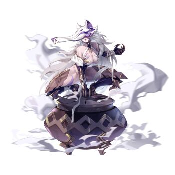  1girl absurdres bandages breasts claw_ring elbow_gloves fang full_body gloves highres incense incense_burner large_breasts long_hair messy_hair open_mouth original revealing_clothes skin_fang smoke solo squatting superhero_landing thighhighs toeless_legwear very_long_hair white_background white_hair wolf_mask zhu_fun 