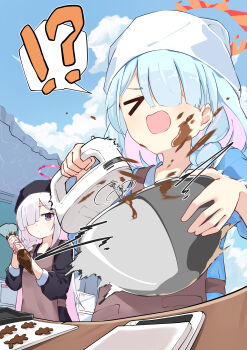  ! !? >_< 2girls ? absurdres apron arona_(blue_archive) baking baking_sheet black_shirt blue_archive blue_hair blue_shirt blue_sky book bowl braid brown_apron chocolate chocolate_on_face cloud colored_inner_hair commentary_request food food_on_face hair_over_one_eye halo headscarf highres holding holding_book holding_pastry_bag mixer_(cooking) multicolored_hair multiple_girls open_mouth orange_halo osmium-76 pastry_bag pink_hair plana_(blue_archive) purple_eyes purple_halo red_pupils shirt short_hair single_braid sky speech_bubble spoken_exclamation_mark spoken_question_mark table valentine 