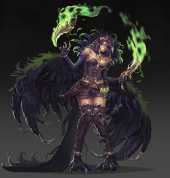  1girl absurdres bare_shoulders belt bird_hood bird_legs bird_tail black_background black_feathers black_hair black_wings breasts claws commentary corset dagger dual_wielding feathered_wings feathers fire gradient_background green_fire grey_background harpy highres holding holding_dagger holding_knife holding_weapon hood hood_up knees_together_feet_apart knife leggings medium_breasts monster_girl moranhaze original purple_corset purple_hood purple_leggings purple_shorts scabbard sheath shorts solo tail talons vial weapon winged_arms wings 