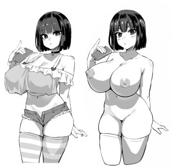  1girl asanagi black_hair breasts cellphone cropped_legs large_breasts monochrome nipples nude off_shoulder phone short_hair short_shorts shorts snowbox striped_clothes striped_thighhighs study tagme thick_thighs thighhighs thighs  rating:Explicit score:167 user:Ryomi_Oni