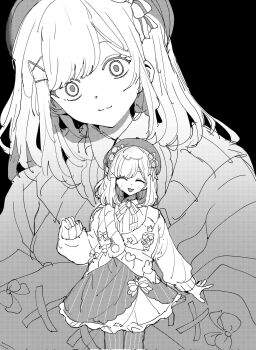 1girl artist_request dress greyscale hat monochrome multiple_views nijisanji sketch smile suzuhara_lulu virtual_youtuber