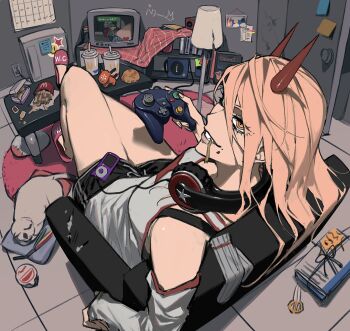  1girl absurdres armchair cat chainsaw_man chair chicken_nuggets commentary_request controller crt cup disposable_cup eating food french_fries game_console game_controller gamecube gamecube_controller headphones headphones_around_neck highres horns indoors ipod lamp long_hair luigi luigi's_mansion ma0ma0_0 mario_(series) mcdonald's mp3_player nintendo pink_hair power_(chainsaw_man) short_shorts shorts sitting slippers smirk wrapped_burger yellow_eyes 