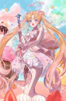  1girl absurdres arm_warmers armlet back_bow bare_shoulders bead_necklace beads blonde_hair blue_eyes blue_sky bow bow_in_eye bowtie bubble_skirt cloud commentary_request cone_hair_bun day dot_nose double_bun dreamtime_bestowed_(infinity_nikki) dress dress_bow eyelashes feet_out_of_frame food frilled_arm_warmers frills fruit gem gem_hair_ornament gradient_eyes gradient_hair hair_beads hair_bow hair_bun hair_ornament hair_ribbon halo happy heart-shaped_gem highres holding holding_spoon ice_cream infinity_nikki jewelry kohanai_setsuna large_bow layered_dress light_blush long_hair multicolored_eyes multicolored_hair neck_ribbon necklace nikki_(series) on_food open_mouth outdoors oversized_object parted_bangs pink_bow pink_dress pink_gem pink_hair pink_halo pink_ribbon purple_eyes ribbon ribbon_earrings short_dress skirt sky sleeveless sleeveless_dress smile solo spaghetti_strap spoon sprinkles standing star_(symbol) strawberry striped_bow sundae twintails two-tone_hair very_long_hair white_arm_warmers white_bow white_bowtie white_dress wrist_bow 