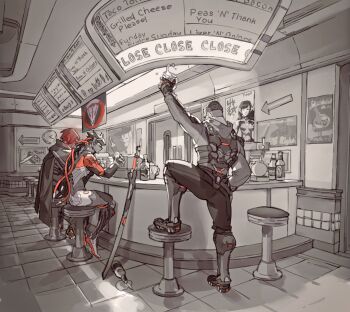  3boys aged_down bad_id bad_twitter_id blackwatch_(overwatch) blackwatch_cassidy blackwatch_genji blackwatch_reyes bottle brown_hair cape cassidy_(overwatch) clock cup cyborg d.va_(overwatch) diner genji_(overwatch) hat highres honey_bee_(bancoth) indoors male_focus menu_board multiple_boys overwatch overwatch_1 poster_(object) reaper_(overwatch) restaurant route_66_(overwatch) seat sitting spill stool sword tile_floor tiles weapon  rating:Sensitive score:7 user:danbooru