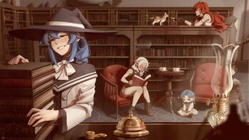  4girls :p ? afterimage ahoge animal armchair black_hat black_shirt blue_eyes blue_hair blurry blurry_background blurry_foreground blush blush_stickers book book_stack bookshelf boots bow bowtie breasts breath brown_boots brown_gloves brown_pants brown_shorts call_bell cat chair coin commentary commission crossed_bangs cup dress elbow_rest elf english_commentary eris_greyrat fingerless_gloves flapping_ears gloves gold_coin grin hair_between_eyes hand_on_own_cheek hand_on_own_face hat head_rest heart highres holding holding_book index_finger_raised indoors lantern lara_greyrat large_breasts library long_hair long_sleeves looking_at_animal multiple_girls mushoku_tensei on_chair open_mouth pants pointy_ears reading red_eyes red_hair roxy_migurdia saucer shirt shorts signature sitting sleeveless sleeveless_shirt smile sushoartworks sylphiette_(mushoku_tensei) table teacup tongue tongue_out very_long_hair white_bow white_bowtie white_dress white_hair witch_hat 