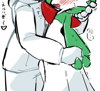  1boy 1girl after_kiss blush colored_skin drooling eyes_out_of_frame flat_chest from_side gardevoir gen_3_pokemon green_skin hand_on_another's_head head_out_of_frame heart hetero highres holding_hands hood hooded_sweater interspecies japanese_text lettuce_no_hito long_sleeves multicolored_skin nintendo open_mouth pants pokemon pokemon_(creature) saliva saliva_trail simple_background sketch speech_bubble spoken_heart standing sweat sweater translation_request trembling two-tone_skin white_background white_skin 