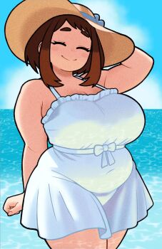  1girl ^_^ absurdres alternate_body_size alternate_breast_size_(larger) alternate_costume arm_behind_head arm_up belly blush_stickers boku_no_hero_academia breasts brown_hair champchidi closed_eyes covered_navel cowboy_shot dress facing_viewer fat freckles hand_on_headwear hat highres large_breasts ocean outdoors short_dress short_hair sleeveless sleeveless_dress smile solo sun_hat sundress uraraka_ochako white_dress 