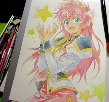  1girl agahari angel_wing_uniform art_tools_in_frame blue_eyes brooch commentary_request flower galaxy_angel green_hairband hair_flower hair_ornament hairband hands_up jacket jewelry juliet_sleeves long_hair long_sleeves looking_at_viewer milfeulle_sakuraba military_uniform open_mouth painting_(medium) photo_(medium) pink_flower pink_hair pink_skirt puffy_sleeves side_slit skirt smile solo star_(symbol) traditional_media upper_body white_jacket 