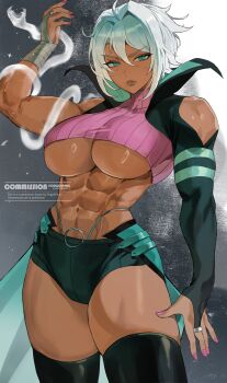  1girl abs absurdres aqua_hair aqua_panties aqua_skirt arm_at_side asymmetrical_clothes asymmetrical_sleeves bare_shoulders black_shorts black_shrug black_thighhighs breasts character_request clothing_cutout collared_shrug commentary commission cowboy_shot dark-skinned_female dark_skin english_commentary ghost hair_between_eyes hand_up high_collar highleg highleg_panties highres large_breasts long_sleeves looking_at_viewer multicolored_shrug muscular muscular_female navel no_bra original panties panty_straps park_ongjol pink_nails pink_shrug ring_light_reflection short_hair shorts shoulder_cutout showgirl_skirt shrug_(clothing) skirt snake snake_wrapped_around_arm solo standing stomach string_panties tekkou thick_thighs thighhighs thighs transparent_animal underboob underwear v-shaped_eyebrows white_hair white_snake 