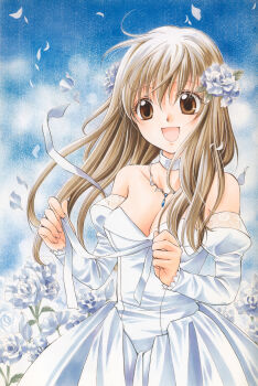  00s 1girl absurdres bare_shoulders breasts brown_eyes brown_hair choker cleavage dress female_focus flower hair_flower hair_ornament highres jewelry long_hair medium_breasts mizuno_eita necklace open_mouth petals scan solo spiral_(manga) wedding_dress yuizaki_hiyono 