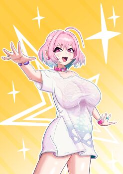  #unicus_(idolmaster) 1girl absurdres ahoge armband belt_collar blue_hair blush breasts choker collar collarbone earrings fang hair_intakes heart heart-shaped_lock heart_collar highres idolmaster idolmaster_cinderella_girls idolmaster_cinderella_girls_starlight_stage jewelry large_breasts multicolored_hair open_mouth pill_earrings pink_armband pink_choker pink_collar pink_eyes pink_hair quebin_tijuana shirt short_hair short_sleeves skeleton_print smile solo t-shirt two-tone_hair yumemi_riamu 