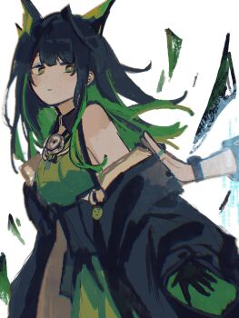  2girls ahoge arknights armpit_crease badge bare_shoulders black_coat black_hair black_skin bright_pupils button_badge clothes_down coat coffee_toranpu colored_extremities colored_inner_hair colored_skin colored_tips crystal_horns dress expressionless green_dress green_eyes green_hair highres huge_ahoge kal'tsit_(arknights) long_hair long_sleeves looking_at_viewer mon3tr_(arknights) multicolored_hair multiple_girls o-ring off_shoulder pushing_away simple_background sleeveless sleeveless_dress sleeves_past_wrists solo_focus stethoscope_around_neck watch white_background white_pupils wristwatch 