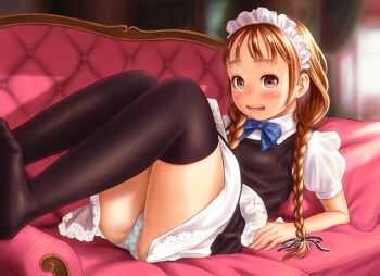  1girl black_dress black_ribbon black_thighhighs blue_bow blue_bowtie blue_panties bow bowtie braid brown_hair couch dress hair_ribbon indoors legs_up loli long_hair looking_at_viewer lying maid maid_headdress no_shoes on_back on_couch open_mouth original panties pillow polka_dot polka_dot_panties puffy_short_sleeves puffy_sleeves purple_eyes revision ribbon shirt short_sleeves solo tareme thighhighs twin_braids underwear upper_body wadachitokakeru white_shirt 