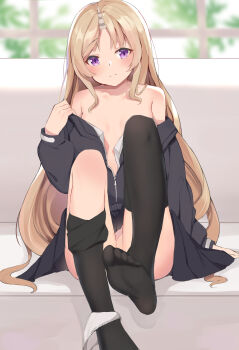 1girl absurdres bare_shoulders black_legwear black_skirt blonde_hair blush breasts civia closed_mouth collarbone convenient_leg feet female_focus frown highres hololive hololive_china horns jacket knees_up long_hair long_sleeves miniskirt no_bra no_shoes off_shoulder open_clothes open_jacket panties panties_around_leg parted_bangs partially_unzipped pleated_skirt purple_eyes single_horn sitting skirt small_breasts soles solo thighhighs_pull toes underwear very_long_hair virtual_youtuber white_panties xiao_lin_jiu rating:Questionable score:162 user:danbooru