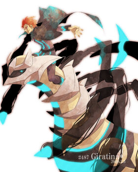  1boy black_cape black_tunic blue_sclera blue_trim cape character_name colored_sclera demon_horns demon_tail demon_wings facing_to_the_side flying gen_4_pokemon giratina giratina_(origin) gold_trim high_contrast horns lance_(arc_suit)_(pokemon) lance_(pokemon) legendary_pokemon male_focus muted_color nintendo numbered outstretched_arm pokemon pokemon_(creature) pokemon_hgss pokemon_masters_ex red_hair sitting_on_pokemon sun-baby tail tunic white_background wings 