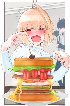  1boy 1girl :d ahoge antenna_hair arcueid_brunestud black_hair black_pants blonde_hair blush commentary_request drooling expressive_hair fingernails food food_focus glasses hair_intakes highres holding holding_spatula hungry jacket jewelry looking_down necklace open_clothes open_jacket open_mouth pants red_eyes saliva sandwich sharp_fingernails shirt short_hair smile sparkle spatula sweat sweater tohno_shiki tsukihime tsukihime_(remake) turtleneck turtleneck_sweater ultra_ultimate1 white_shirt white_sweater 