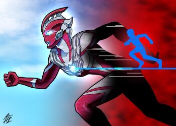  alien armor blue_eyes color_timer colored_skin commentary compound_eyes english_commentary glowing glowing_eyes multicolored_skin omega_slugger red_skin running scene_reference shafuu_(arrowww12ga) silver_skin tokusatsu ultra_series ultraman_omega ultraman_omega_(series) ultraseven_(series) 