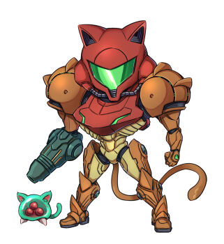  1girl animal_ears arm_cannon armor assault_visor cat_ears cat_tail chibi commentary_request full_armor green_visor kemonomimi_mode metroid metroid_(creature) metroid_larva nintendo power_armor power_suit_(metroid) samus_aran simple_background tail varia_suit wakaba_(wata_ridley) weapon white_background 