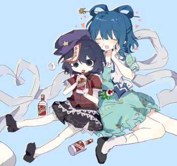  2girls ? absurdres black_shoes black_skirt blood blue_background blue_hair blush drink hagoromo hashtag-only_commentary heart highres jiangshi kaku_seiga miyako_yoshika multiple_girls nosebleed ofuda ofuda_on_head red_shirt shawl shirt shoes skirt touhou wusem0108 yuri 