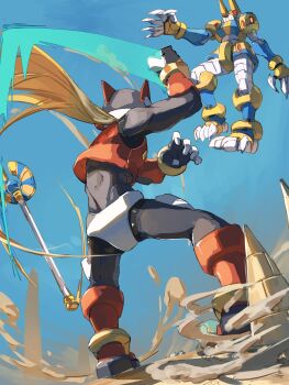  2boys absurdres armor battle desert energy_sword helmet highres holding holding_sword holding_weapon male_focus mega_man_(series) mega_man_zero_(series) mega_man_zero_1 multiple_boys omochi_(mochi_skymega) red_armor red_helmet solo_focus staff sword weapon z_saber zero(z)_(mega_man) zero_(mega_man) 