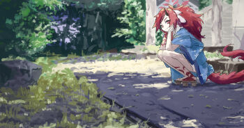  1girl blue_archive blue_haori commentary_request desuyone0502 geta halo haori highres horns japanese_clothes long_hair looking_at_viewer outdoors ponytail red_eyes red_hair renge_(blue_archive) single_horn solo squatting tail 