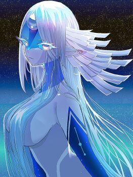  1girl breasts colored_skin commentary_request completely_nude convenient_censoring fate/grand_order fate_(series) forehead_jewel grey_hair grey_skin hair_censor hair_over_breasts highres large_breasts long_hair looking_at_viewer multicolored_skin nude pointy_ears priestess_of_the_alien_god t_maguo topless_female upper_body very_long_hair yellow_eyes 