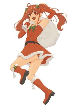  1girl ahoge alternate_hairstyle armpits belt boots bow bowtie breasts carrying_over_shoulder dress elbow_gloves eris_greyrat eyebrows_hidden_by_hair from_side full_body fur-trimmed_gloves fur_trim gloves green_bow green_bowtie green_ribbon hair_between_eyes hair_ribbon highres holding holding_sack jumping kurogoma183 long_hair looking_at_viewer mushoku_tensei open_mouth red_boots red_dress red_eyes red_hair ribbon sack santa_boots santa_costume santa_dress simple_background small_breasts smile solo teeth twintails upper_teeth_only v white_background 