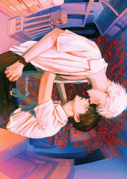  2boys belt black_belt black_hair black_pants collared_shirt commentary deep_wound eye_contact grey_eyes gym_storeroom highres hikaru_ga_shinda_natsu indou_hikaru injury looking_at_another male_focus mole mole_on_cheek mole_under_mouth multiple_boys multiple_moles munette open_clothes open_shirt pants shirt shirt_tucked_in short_eyebrows short_hair short_sleeves sideways standing symbol-only_commentary tsujinaka_yoshiki twitter_username watch white_hair white_shirt wristwatch yaoi 