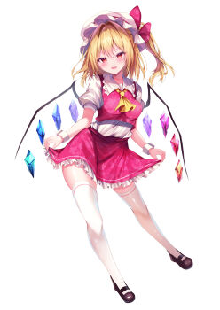 1girl absurdres blonde_hair blush crystal crystal_wings flandre_scarlet full_body hat highres looking_at_viewer mob_cap nenobi_(nenorium) open_mouth red_eyes red_skirt simple_background skirt solo thighhighs touhou white_background white_hat white_thighhighs wings zettai_ryouiki rating:Sensitive score:2 user:danbooru