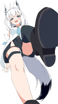  1girl absurdres ahoge animal_ear_fluff animal_ears aqua_eyes black_shorts blue_neckerchief blue_panties braid commentary detached_sleeves fox_ears fox_girl fox_tail from_below hair_between_eyes highres hololive leg_up long_hair looking_at_viewer looking_down neckerchief open_mouth panties shirakami_fubuki shirakami_fubuki_(1st_costume) shirayuki_(snow_link) shoe_soles shorts sidelocks simple_background single_braid smile solo striped_clothes striped_panties tail underwear upshorts virtual_youtuber white_background white_hair 