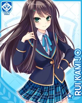  1girl black_hair blue_background blue_ribbon blue_skirt card_(medium) character_name girlfriend_(kari) green_eyes hair_ornament hairpin hand_on_own_hip jacket kamijo_rui long_hair looking_at_viewer miniskirt neck_ribbon official_art plaid_clothes plaid_skirt pleated_skirt qp:flapper ribbon school_uniform shirt skirt smile solo standing white_shirt 