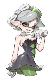 1girl black_dress bow-shaped_hair breasts commentary detached_collar dress gloves green_pantyhose grey_hair highres inkling looking_at_viewer marie_(splatoon) marie_(squid_sisters_outfit)_(splatoon) medium_breasts medium_hair mole mole_under_eye nintendo pantyhose pointy_ears puchiman short_dress short_eyebrows simple_background smile solo splatoon_(series) splatoon_1 standing teeth tentacle_hair thick_eyebrows untranslatable_commentary white_background white_gloves yellow_eyes 