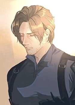  1boy blue_shirt brown_hair chest_harness closed_eyes closed_mouth collared_shirt facial_hair hair_behind_ear harness hashtag-only_commentary leon_s._kennedy male_focus open_collar parted_hair resident_evil resident_evil_requiem shirt short_hair solo upper_body yono_2024 