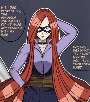  1girl arm_behind_head artist_request asymmetrical_bangs black_choker blouse blue_eyes boku_no_hero_academia breasts buttons choker collared_shirt corset domino_mask english_text eye_mask facing_viewer female_focus gloves hair_over_one_eye hand_on_own_hip highres impossible_hair jewelry long_hair long_sleeves looking_at_viewer mask medium_breasts miniskirt necklace orange_hair pearl_necklace profanity purple_shirt red_gloves serious shirt sidelocks skirt slice_(boku_no_hero_academia) speech_bubble talking very_long_hair 