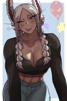  1girl ;d abs absurdres animal_ears artist_name balloon black_shirt blush boku_no_hero_academia braid breasts cleavage collarbone cowboy_shot dark-skinned_female dark_skin eyelashes gud0c hair_ornament highres long_hair long_sleeves looking_at_viewer midriff mirko muscular muscular_female navel navel_piercing one_eye_closed open_mouth pants parted_bangs piercing rabbit_ears rabbit_girl raised_eyebrow red_eyes shirt simple_background smile solo tongue tongue_out twin_braids  rating:Sensitive score:160 user:danbooru