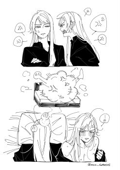  2girls absurdres aftersex anger_vein collared_shirt commentary_request crossed_arms earrings greyscale head_bump hickey highres incest jewelry long_hair monochrome multiple_girls on_bed original parted_lips shirt siblings sisters spoken_anger_vein stud_earrings szm_hattori01 twins twitter_username yuri 