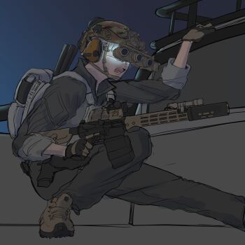  1girl absurdres aimpoint ammunition_pouch ar-15 assault_rifle body_armor boots bulletproof_vest combat_helmet commentary_request drum_magazine ear_protection fast_helmet flashlight gloves grey_hair gun handgun helmet highres holding holding_gun holding_weapon holster lauging_man_(shun_a_t_i_o) load_bearing_equipment load_bearing_vest magazine_(weapon) military_combat_uniform military_operator military_uniform night_vision_device optical_sight original pouch rifle sleeves_rolled_up squatting suppressor tactical_clothes trigger_discipline weapon 