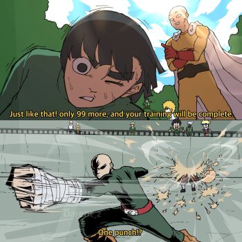  bald bandaged_hand bandages battle bodysuit crossover darent_z english_text flak_jacket gaara_(naruto) genos green_bodysuit hatake_kakashi highres jacket male_focus might_guy naruto_(classic) naruto_(series) one-punch_man rock_lee roronoa_zoro saitama_(one-punch_man) teacher_and_student uzumaki_naruto 