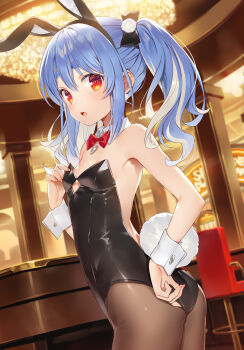 1girl adjusting_clothes adjusting_leotard alternate_hairstyle animal_ear_hairband animal_ears backless_leotard bare_back bare_shoulders black_bow black_leotard black_pantyhose blue_hair bow bowtie casino clothing_cutout commentary detached_collar double-parted_bangs earrings extra_ears fake_animal_ears flat_chest hair_between_eyes hair_bow hair_ornament hairband hand_up highres hikimayu hololive indoors jewelry leotard long_hair looking_at_viewer multicolored_hair pantyhose playboy_bunny pom_pom_(clothes) pom_pom_earrings pom_pom_hair_ornament rabbit-shaped_pupils rabbit_ear_hairband rabbit_ears rabbit_girl rabbit_tail red_bow red_bowtie red_eyes short_eyebrows solo strapless strapless_leotard streaked_hair untranslatable_commentary symbol-shaped_pupils tail thick_eyebrows traditional_bowtie twintails two-tone_hair underboob_cutout usada_pekora usada_pekora_(1st_costume) virtual_youtuber white_hair white_wrist_cuffs wrist_cuffs yuuki_hagure rating:Sensitive score:34 user:danbooru