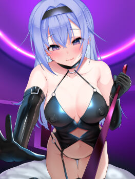  1girl bare_shoulders black_gloves blue_hair blush bondage_outfit breasts cleavage collarbone covered_erect_nipples crossed_bangs dominatrix elbow_gloves garter_straps gloves hairband highres holding holding_leash idolmaster idolmaster_shiny_colors large_breasts leash licking_lips lingerie long_hair looking_at_viewer navel o-ring okuri_banto pov purple_eyes shiny_clothes smile solo suzuki_hana thighs tongue tongue_out underwear viewer_on_leash  rating:Questionable score:31 user:danbooru