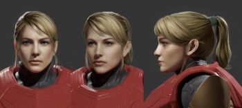  1girl blonde_hair blue_eyes female_focus long_hair metroid metroid_prime_4:_beyond mole mole_under_mouth nintendo official_art ponytail power_suit power_suit_(metroid) samus_aran simple_background standing 