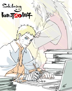  2boys artist_name bandaged_arm bandages blonde_hair boruto:_naruto_next_generations commentary_request desk highres hokage jiraiya_(naruto) long_hair male_focus multiple_boys naruto_(series) sekibeing signature spirit teacher_and_student uzumaki_naruto white_hair writing 