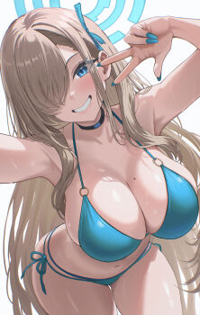  1girl aqua_halo armpits arms_up asuna_(blue_archive) bikini black_choker blue_archive blue_bikini blue_eyes blue_ribbon blush breasts choker cleavage collarbone commentary grin hair_ornament hair_over_one_eye hair_ribbon halo halterneck highres large_breasts long_hair looking_at_viewer mole mole_on_breast navel ni_tamago_sando o-ring o-ring_bikini one_eye_covered ribbon side-tie_bikini_bottom simple_background smile solo string_bikini swimsuit w white_background  rating:Sensitive score:35 user:danbooru