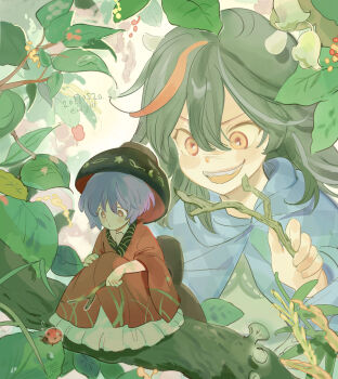  2girls black_hair bowl bowl_hat bug dated flying_sweatdrops grey_horns grin hair_between_eyes hat highres horns insect japanese_clothes kijin_seija kimono ladybug mini_person minigirl multicolored_hair multiple_girls nature nengo open_mouth purple_hair red_eyes red_hair sitting small_horns smile stick streaked_hair sukuna_shinmyoumaru teeth touhou twitter_username 