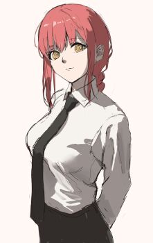  1girl anteiru arms_behind_back black_necktie black_pants braid braided_ponytail breasts chainsaw_man closed_mouth collared_shirt commentary dress_shirt highres long_sleeves looking_at_viewer makima_(chainsaw_man) medium_breasts necktie pants red_hair ringed_eyes shirt shirt_tucked_in sidelocks simple_background sketch solo upper_body white_background white_shirt yellow_eyes  rating:General score:7 user:danbooru