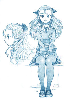  1girl assam_(girls_und_panzer) bbb_(friskuser) blue_theme closed_mouth dress_shirt emblem girls_und_panzer hair_pulled_back hair_ribbon hands_on_lap highres loafers long_hair long_sleeves looking_at_viewer miniskirt monochrome multiple_views necktie open_mouth pantyhose pleated_skirt ribbon school_uniform shirt shoes sitting skirt smile st._gloriana's_school_uniform sweater v-neck wing_collar 