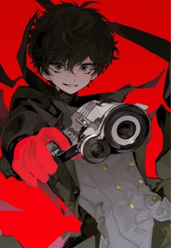 1boy aiming aiming_at_viewer amamiya_ren black_coat black_hair coat commentary_request gloves grey_eyes grin gun hair_between_eyes highres holding holding_gun holding_weapon korean_commentary long_sleeves looking_at_viewer lower_eyelashes_only male_focus open_clothes open_coat persona persona_5 red_background red_gloves sg_(sallgam) simple_background smile solo upper_body weapon 