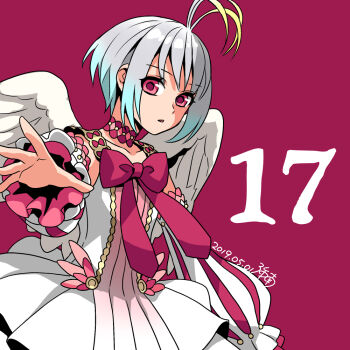  1girl antenna_hair artist_name bad_id bad_pixiv_id bare_shoulders bird_girl bird_wings blonde_hair blue_hair child choker collarbone commentary_request dated dress feathered_wings fitoria_(tate_no_yuusha_no_nariagari) frilled_dress frilled_sleeves frills gradient_hair long_sleeves looking_at_viewer medium_hair minami_seira multicolored_hair numbered official_artist_extra outstretched_arm parted_lips pink_background pink_choker pink_dress pink_eyes pink_sleeves sidelocks signature simple_background sleeveless sleeveless_dress solo tate_no_yuusha_no_nariagari two-tone_dress two-tone_sleeves upper_body white_dress white_hair white_sleeves white_wings wings 